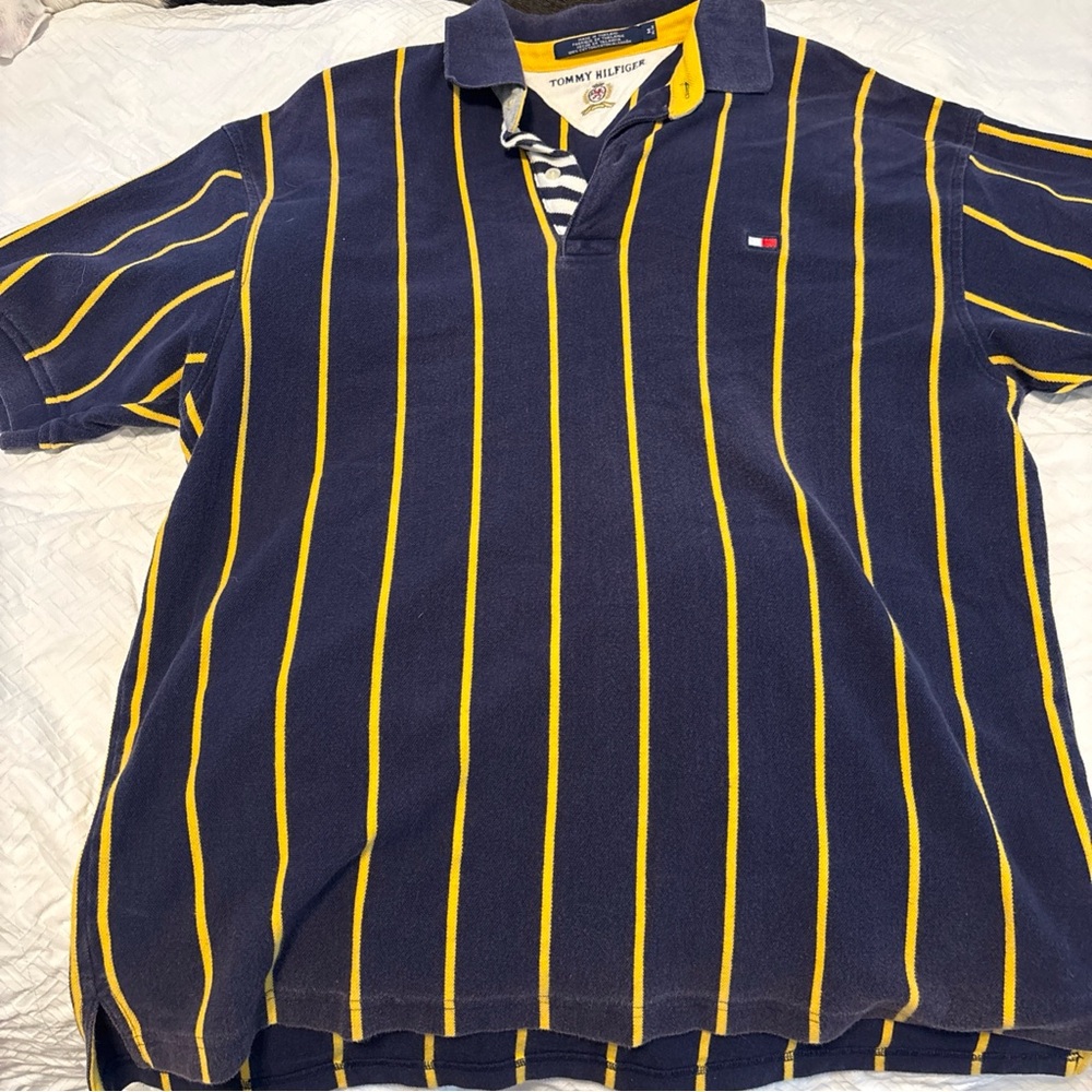 Tommy Hilfiger Blue and Yellow Striped Polo Shirt